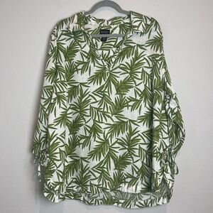 Nicole Miller 2X 100% Linen Collared Split V-Neck Blouse Tropical Leaves Print